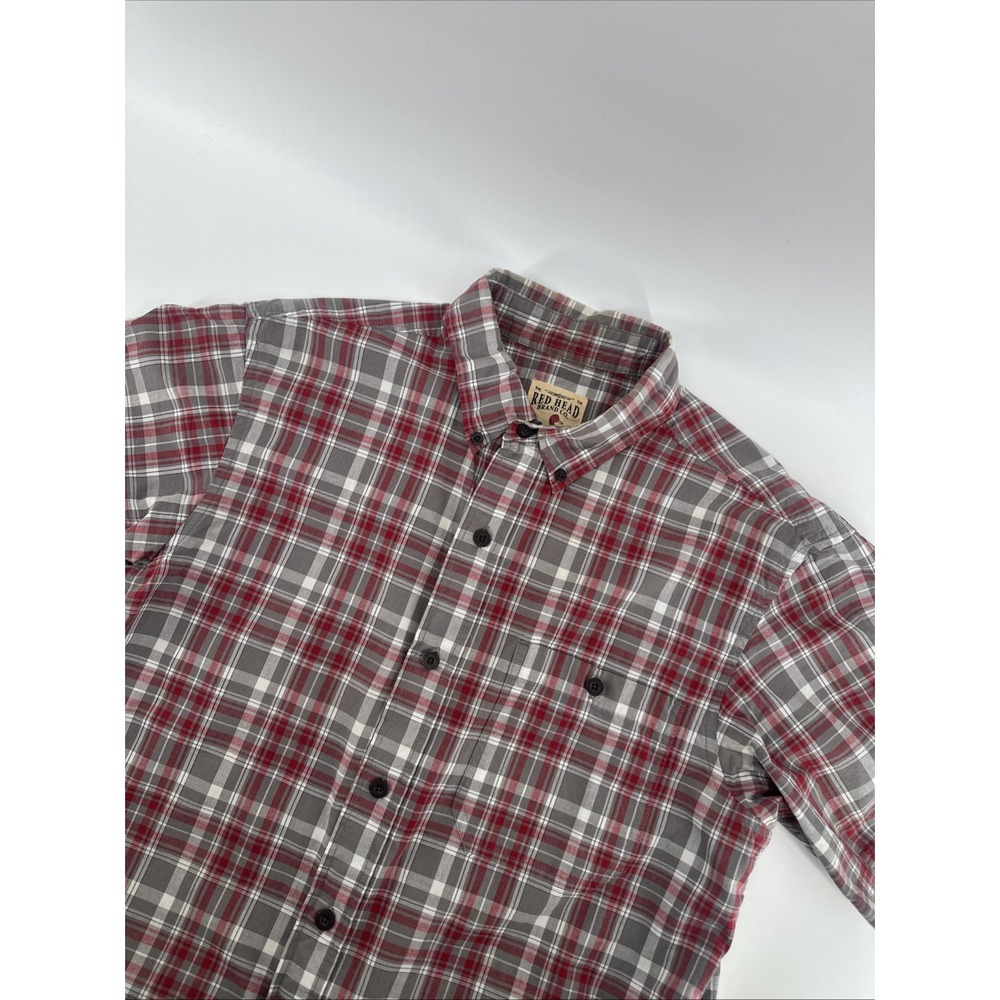 Red Head Brand Co Cotton Button-Up Shirt Short Sleeve Red/gray, Size Medium